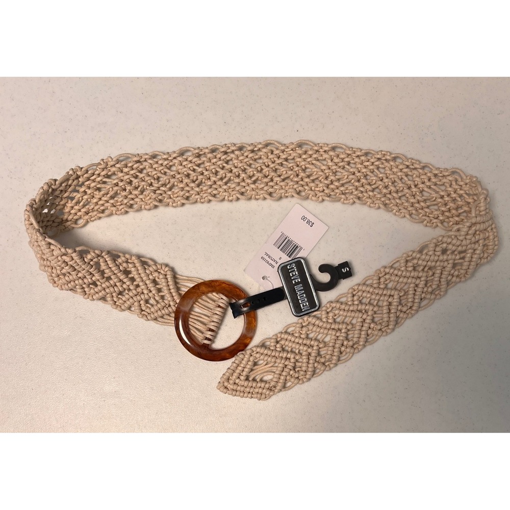 Steve Madden Macrame O-Ring Belt Small Natural Woven Boho SMP83159 NWT